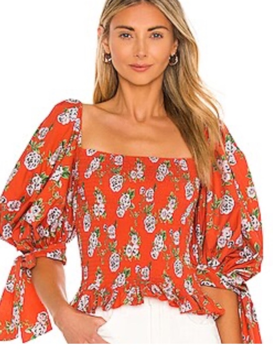 Caroline Constas Tops - Caroline Constas Floral Print Top Small Smocked Peplum Blouse Red Orange